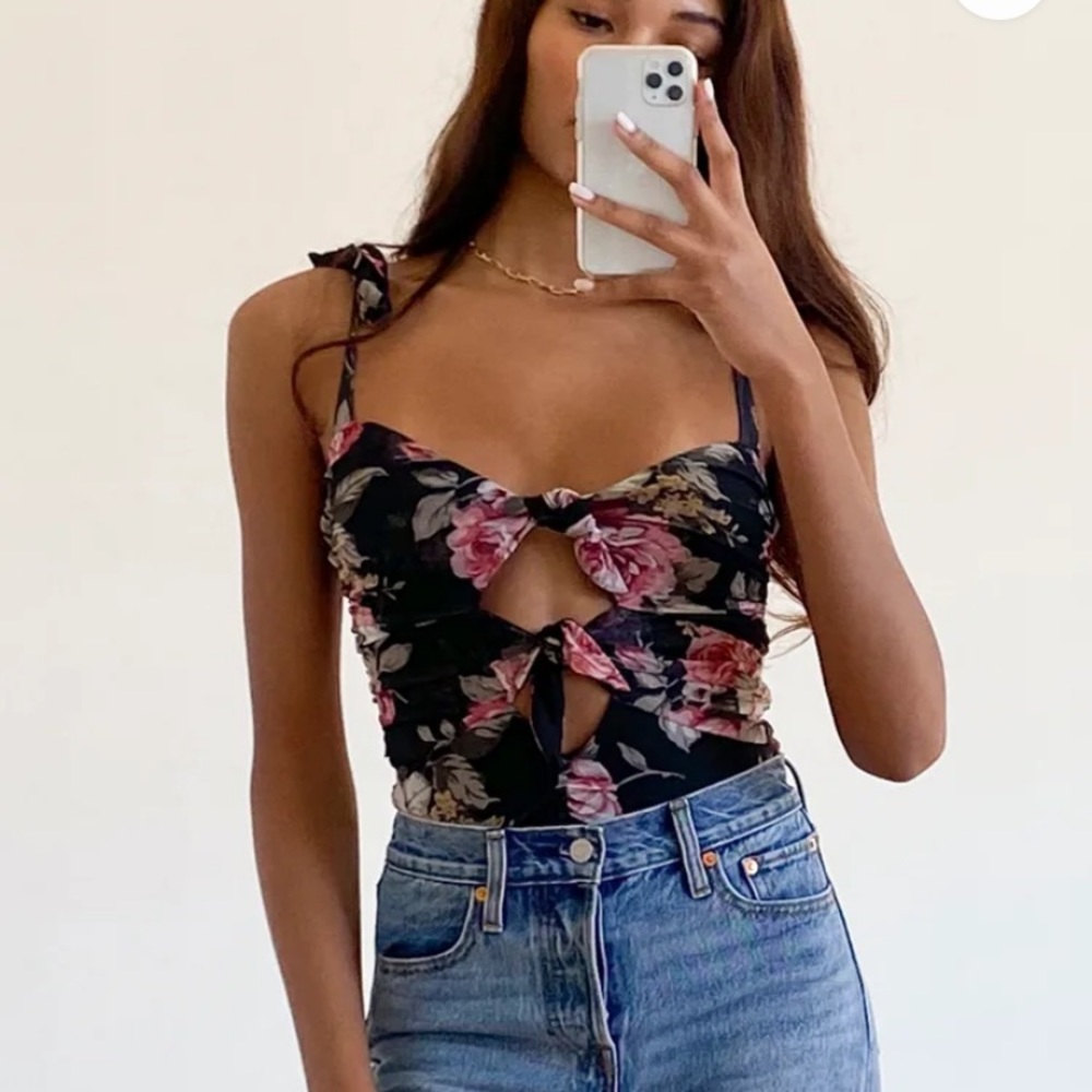 Keep Blooming Floral Print Mesh Tie-Strap Bodysuit